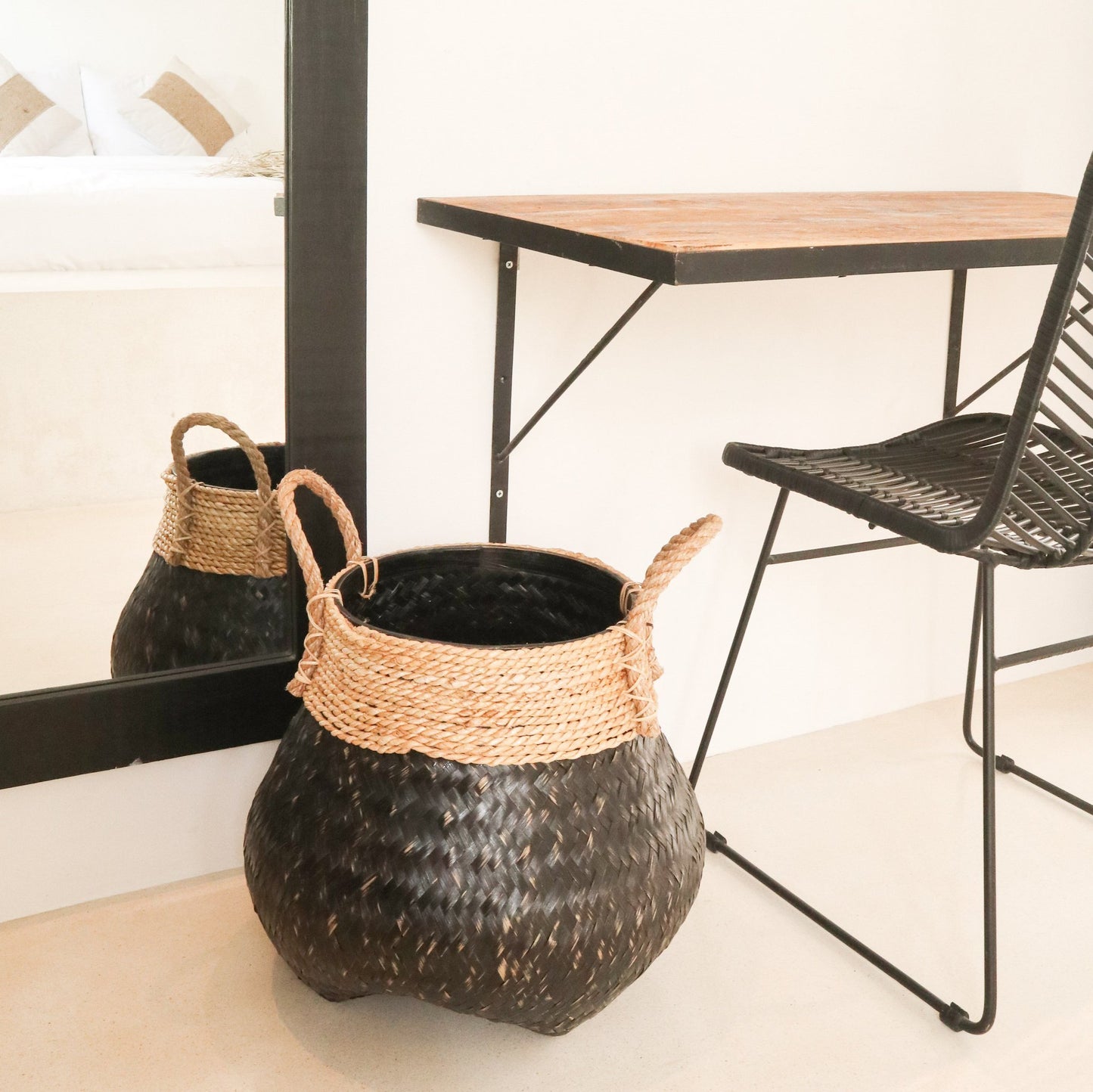 Black Plant Basket Decorative Basket Large Laundry Basket BENOA (black) Handwoven Basket of Bamboo and Seagrass (3 sizes)
