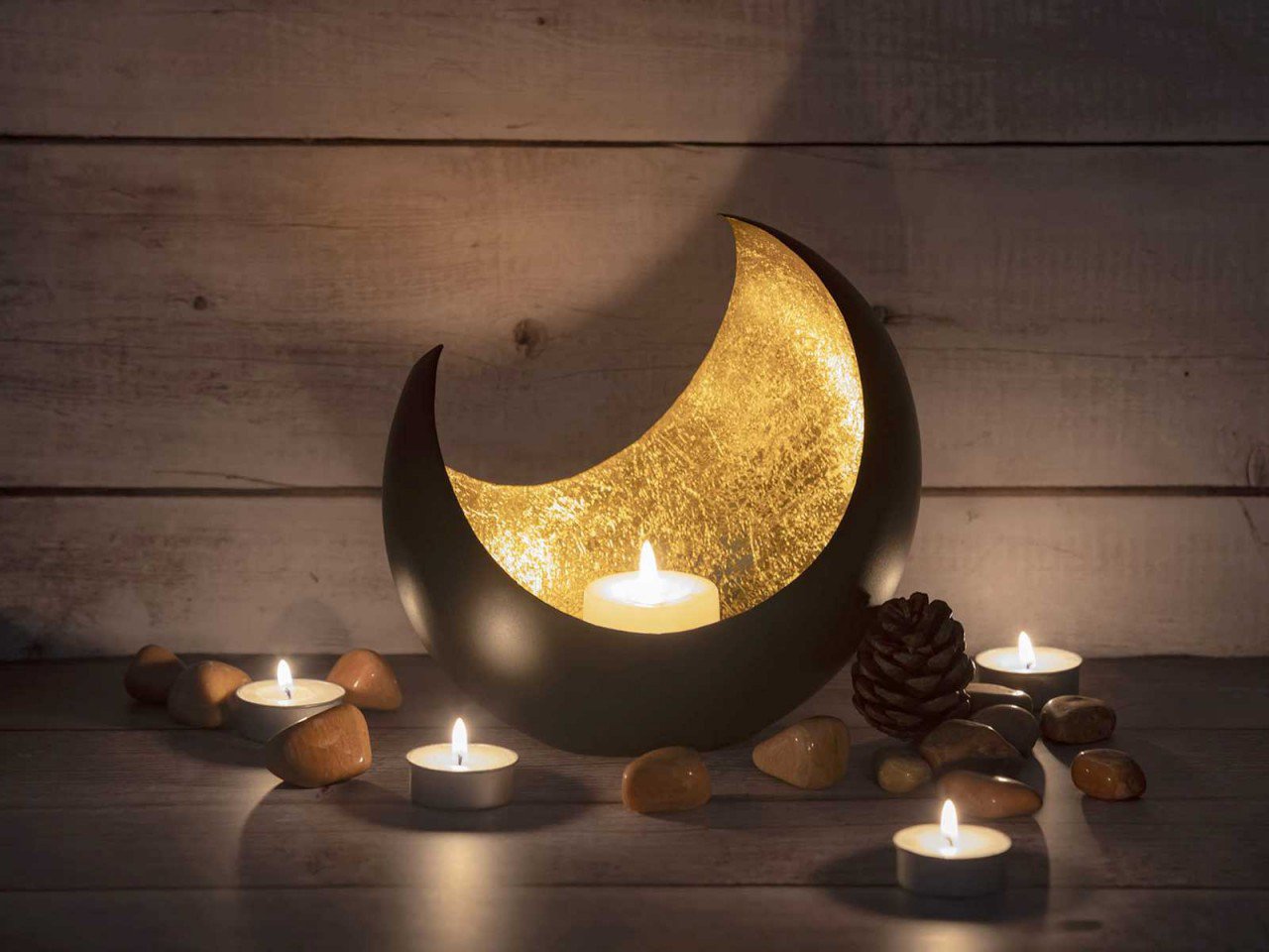 Tealight holder candle holder candle holder moon half moon shape black matt gold plated on the inside