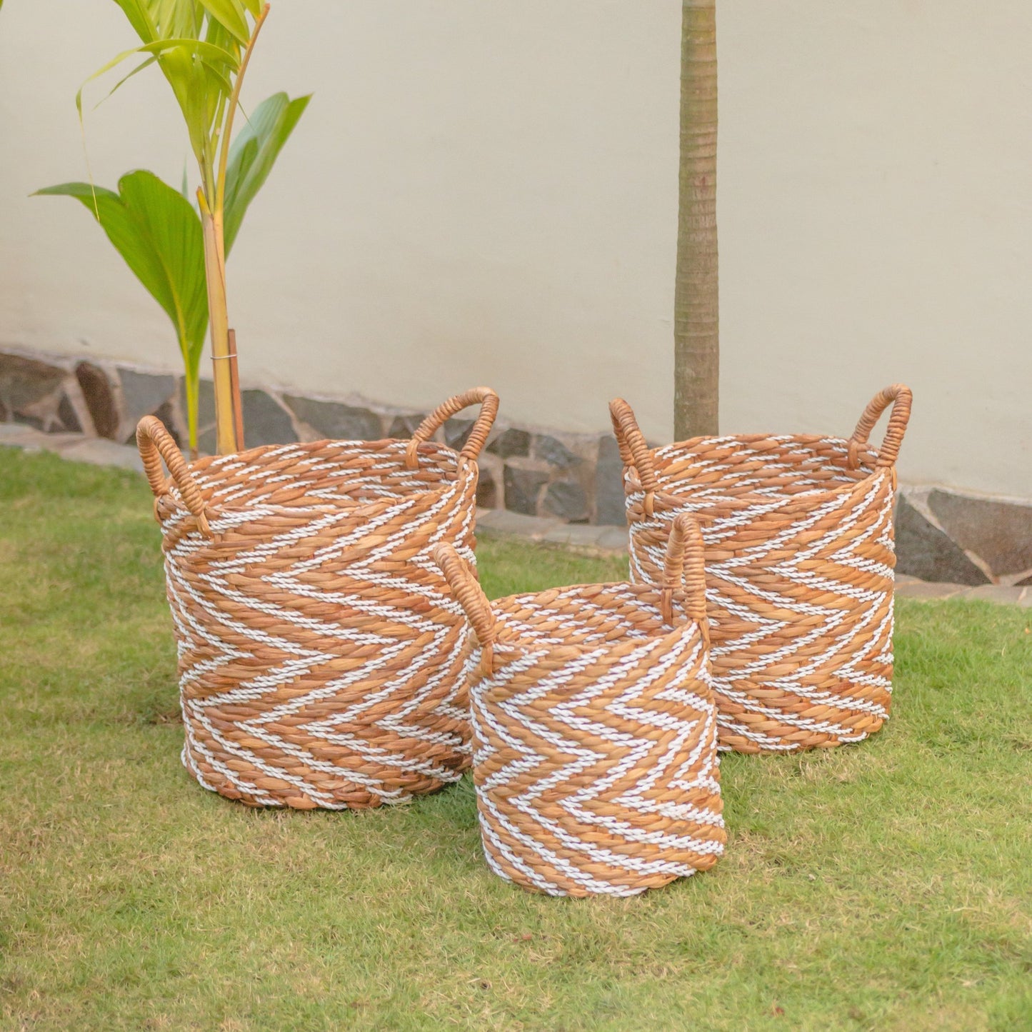 Wasmand | Plantenmand | Geweven opbergmand met zigzagpatroon YALIMO gemaakt van waterhyacint (3 maten)