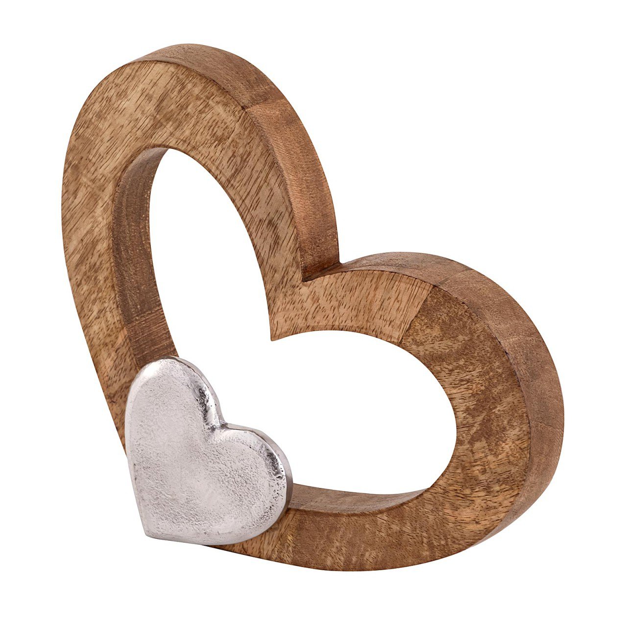 Decoratief hartfiguur 27x21cm houten figuur klein hartje mangohout aluminium