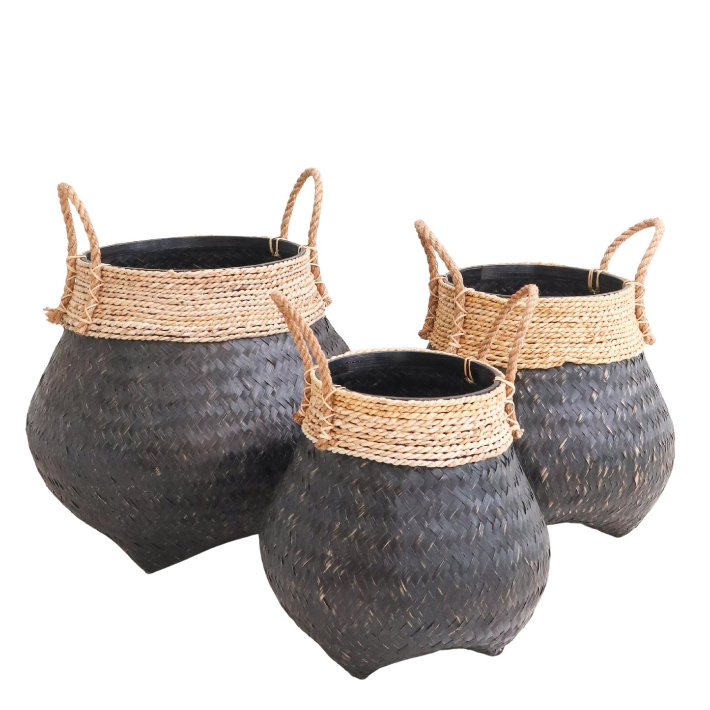 Black Plant Basket Decorative Basket Large Laundry Basket BENOA (black) Handwoven Basket of Bamboo and Seagrass (3 sizes)