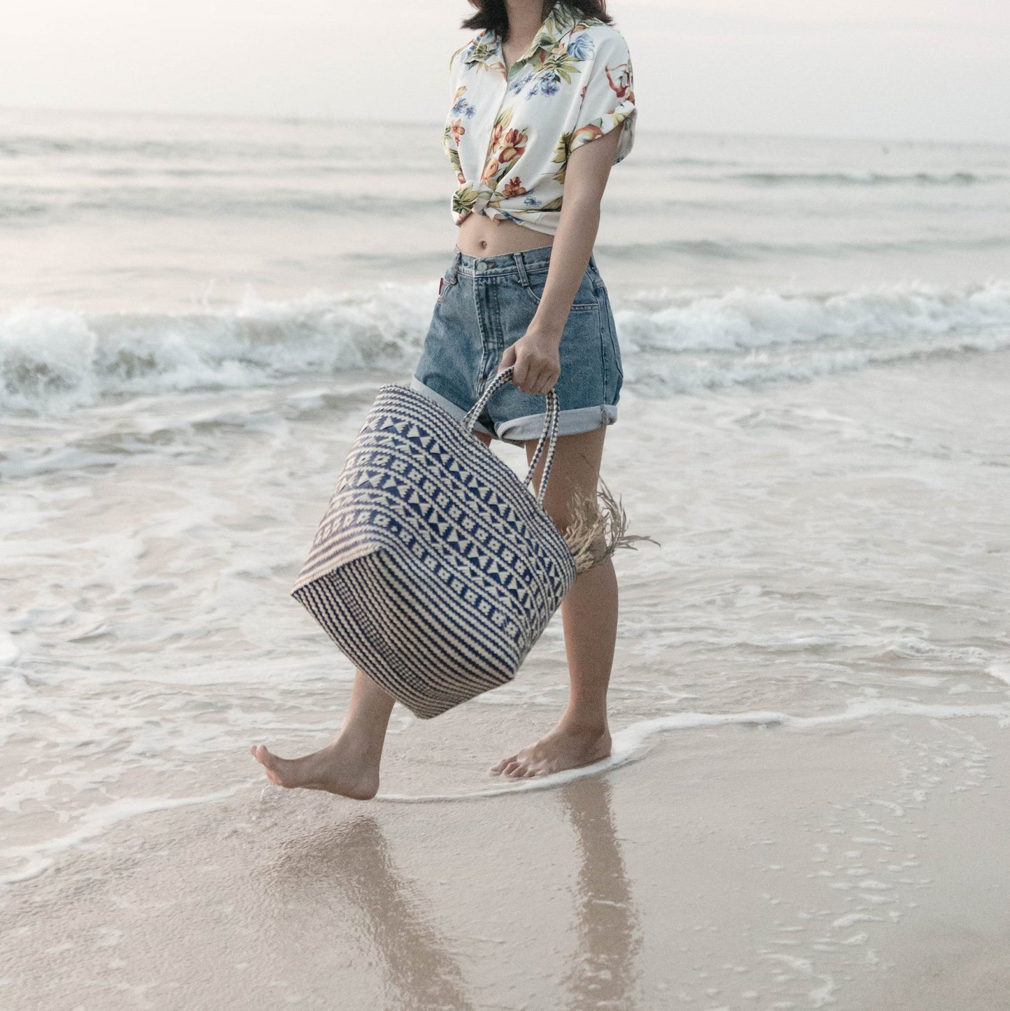 Blue shopping bag | Beach bag | KIDUL rattan tote bag